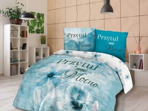 Pościel bawełniana 220x200 Przytul mnie mocno kwiaty niebieska biała dla pary 61464/1 Panelove 7685 