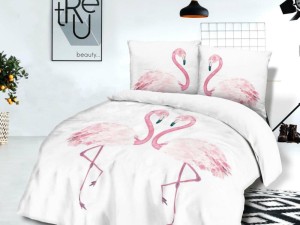 Pościel bawełniana 220x200cm. 61443/1 Falmingi biała różowa Flamingos Vintage