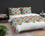 Pościel satynowa 160x200cm. 3540 B Łowicka biała kolorowe kwiaty folkowa Home Satin 