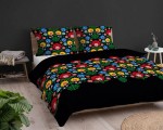Pościel satynowa 220x200cm.  3540 A Łowicka czarna kolorowe kwiaty folkowa Home Satin