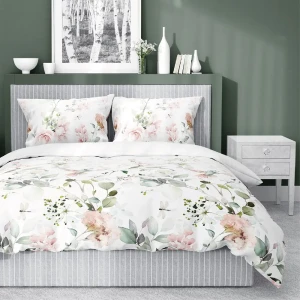 Pościel satynowa 180x200cm. biała zielona morelowa kwiaty liście 4402 A Home Satin 122