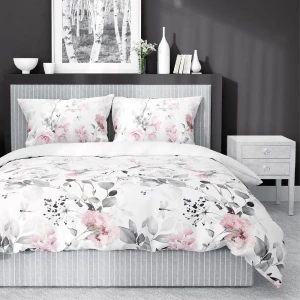 Pościel satynowa 180x200 biała szara różowa kwiaty liście 4402 B Home Satin 122