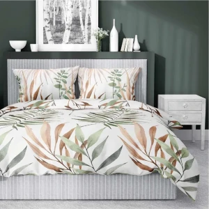 Pościel satynowa 220x200m. 4535 B beżowa zielona liście Home Satin 131
